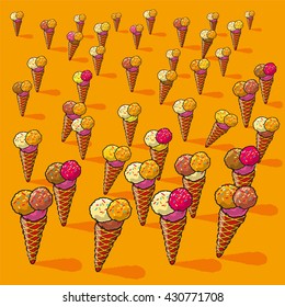 Many small ice cream cones and fun in the hot summer