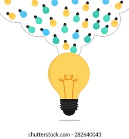 Many small ideas combine to big idea. Cartoon Vector Illustration.