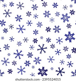 Many small irregular snowflakes on white background. Seamless pattern with blue snowflakes. Snowflake backdrop vector illustration. Decorative design element. Winter mood.
