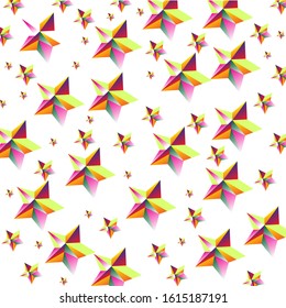 Many small and large multi-colored star patterns on a white background.