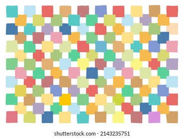 Many small multi-colored squares overlap each other forming a background, texture, pattern. Freehand drawing. Hand Drawing.