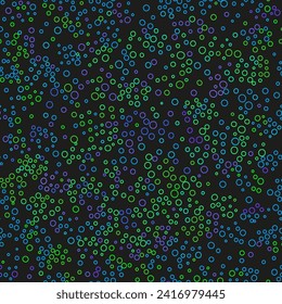 Many small neon multicolored bubbles on black background. Abstract seamless pattern. Colorful background with different circles. Decorative design element. Minimalist print for your design projects.