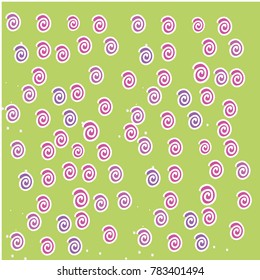 Many Small Pink and Violet Snails on Green Background