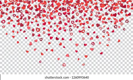 Many small red and pink paper hearts on transparent background, located above.