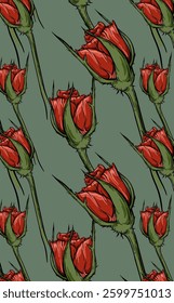 Many small red roses vector seamless pattern.Vintage floral print. Bright contour flower sketch hand drawn all over design. Elegant plant wallpaper. Graphic line art for perfume, essential oil package