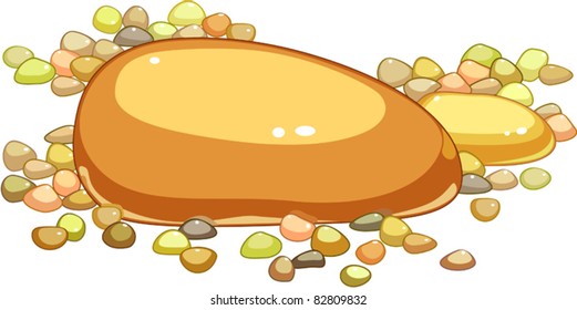 many small smooth stones, one medium and one large stone in different colors on a white background