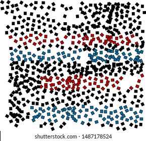 Many small squares in the total mass. Among the objects there are red shapes.