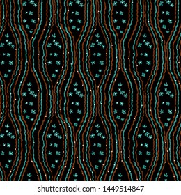 Many small turquoise forget-me-flower and wavy vertical brown and blue lines on black background. Fairytale floral vector seamless pattern. Template for design, textile, wallpaper, bedding, plaid.