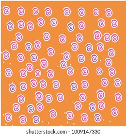 Many Small Violet, Pink and White Snails on Orange Background