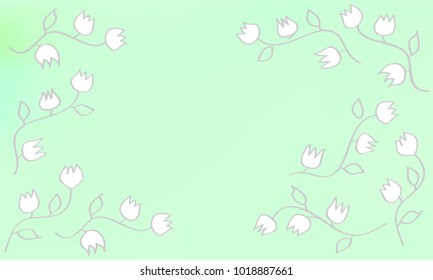 Many Small White Flowers with Leaves and Stems on Blue Gradient Background