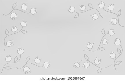 Many Small White Flowers with Leaves and Stems on Grey Gradient Background