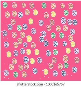 Many Small Yellow, Pink, White and Blue Snails on Pink Background