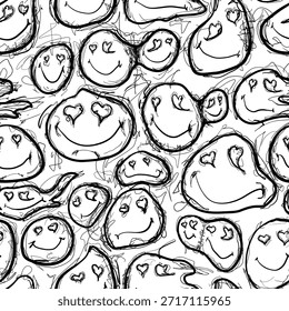 Many smiling faces are drawn in black and white. The faces have different expressions with hearts for eyes. The pattern repeats across the entire surface, creating a fun design.