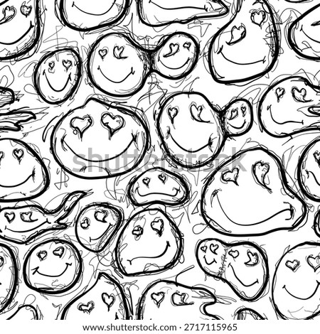 Many smiling faces are drawn in black and white. The faces have different expressions with hearts for eyes. The pattern repeats across the entire surface, creating a fun design.