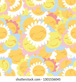 Many smiling flowers. Seamless pattern.