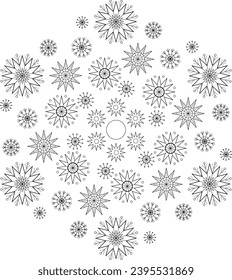 Muchos copos de nieve sobre fondo blanco. Elemento de diseño decorativo monocromo. Ilustración vectorial de ornamento de Mandala. Diseño de página coloreado. Tatuaje en blanco y negro.  