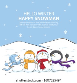 Many snowman standing in winter - Hello Winter Happy Snowman