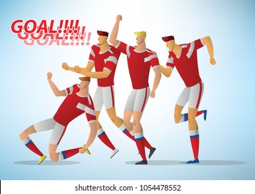 Many soccer players are celebrating the joy of scoring. goal letter vector illustration.