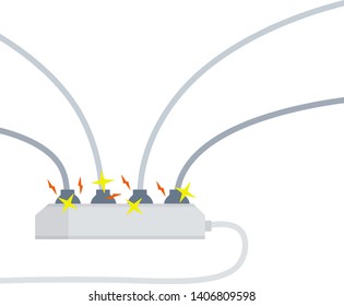 Many sockets in connectors. Red and yellow sparks of lightning in wires. Home communications and appliances. Dangerous voltage. Cartoon flat illustration. Safety rule element in electricity. 
