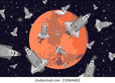 Many Space shuttles close to the Mars planet of solar system. Vector illustration. Elements of this image were furnished by NASA.