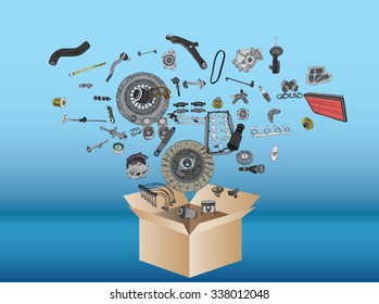 Many spare parts flying out of the box white background. Isolated auto spare parts on white background. Auto spare parts for passenger car, OEM. Isolated absorber, gasket, filters, parts for chassis.