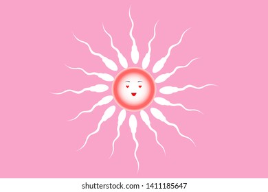 Many sperm of man run to cute and happy woman egg. 