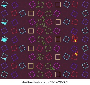 Many squares with colored frames are arranged in rows. Some of them burn red. From green figures grow plants with leaves.