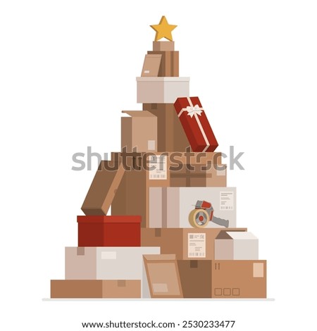 Many stacked delivery boxes and gifts arranged in the shape of a Christmas tree; delivery and shipment concept; isolated