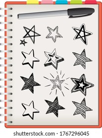 Many star shapes on notebook isolated on white background illustration