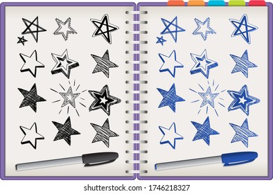 Many stars isolated on purple notebook on white background illustration