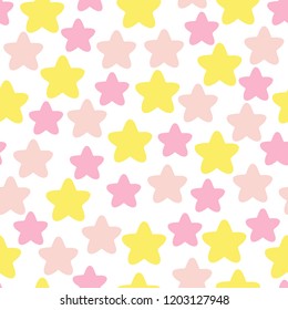 Many stars seamless pattern. Cute design. Baby infant design. Kids theme. Children textile fabric. Packaging or wrapping paper. Birthday card background. Cover, clothing print. Vector illustration.