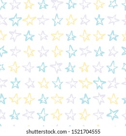 Many stars. Vector seamless pattern in scandinavian style. Yellow, blue, pink, purple. Handdrawn with paintbrush. For printing on fabric or paper. Simple abstract graphic surface pattern design.
