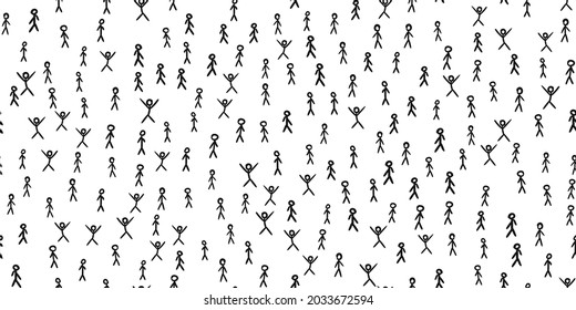 Many stick figures seamless pattern, Overpopulation problem and too many people on the planet concept, Crowd of hand drawn stickman vector illustration black on white background