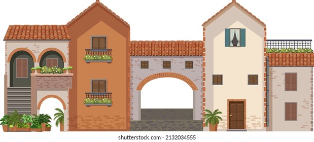 Many stone buildings on white background illustration