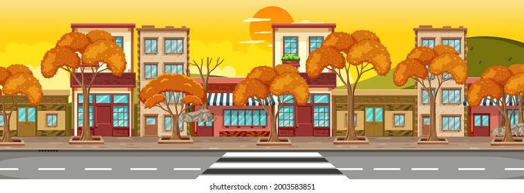 Many store buildings along the street horizontal scene at sunset time illustration