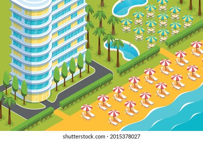 Many Storeyed Hotel Building Exterior Beach With Lounges Outdoor Tables Tropical Trees Isometric Vector Illustration