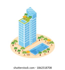 Many storeyed hotel building with swimming pool and lounge zone on roof 3d isometric vector illustration