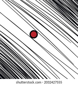 Many straight lines are concentrated towards the corners of the composition. There is a red ball between thin objects. 