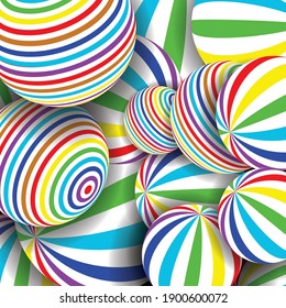 Many striped balls 3D. Colorful abstract background. Vector spiral diagonal swirls sphere with optical illusion effect. Modern 3D artistic background concept.