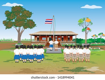 many students stand respect in front of flag 