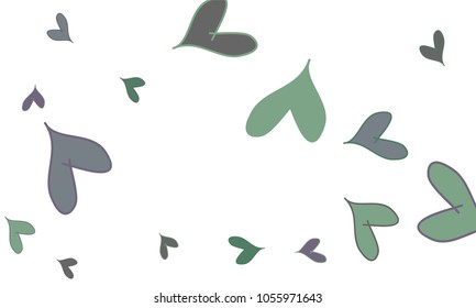 Many Stylish and Good Looking Green, Violet and Grey Hearts of Different Size on White Background