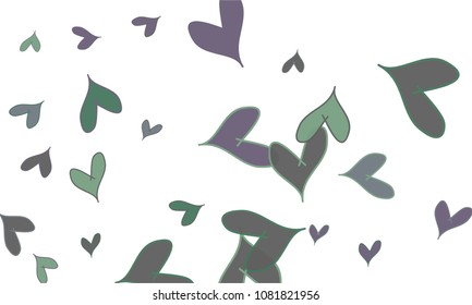 Many Stylish and Good Looking Green, Violet and Grey Hearts of Different Size on White Background