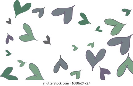 Many Stylish and Good Looking Green, Violet and Grey Hearts of Different Size on White Background