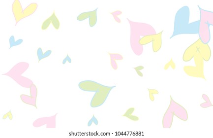 Many Stylish and Good Looking Light Yellow, Blue, Pink and Green Hearts of Different Size on White Background