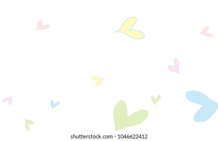 Many Stylish and Good Looking Light Yellow, Blue, Pink and Green Hearts of Different Size on White Background