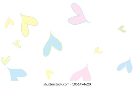 Many Stylish and Good Looking Light Yellow, Blue, Pink and Green Hearts of Different Size on White Background