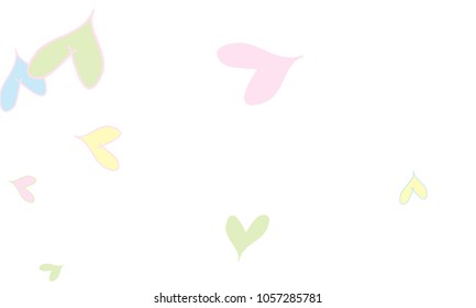 Many Stylish and Good Looking Light Yellow, Blue, Pink and Green Hearts of Different Size on White Background