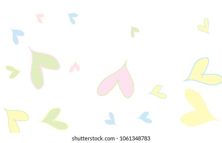 Many Stylish and Good Looking Light Yellow, Blue, Pink and Green Hearts of Different Size on White Background