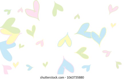 Many Stylish and Good Looking Light Yellow, Blue, Pink and Green Hearts of Different Size on White Background