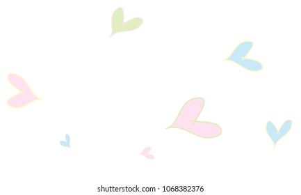 Many Stylish and Good Looking Light Yellow, Blue, Pink and Green Hearts of Different Size on White Background